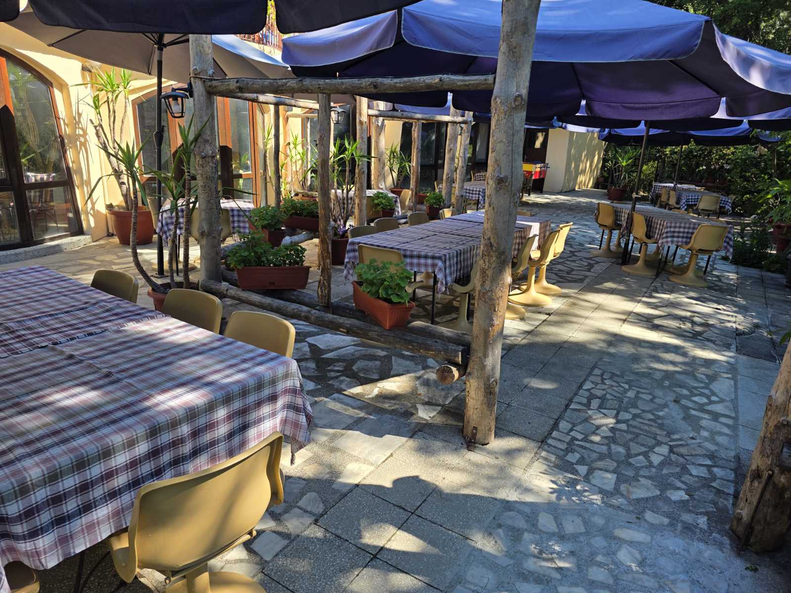 Outdoor dining under blue umbrellas