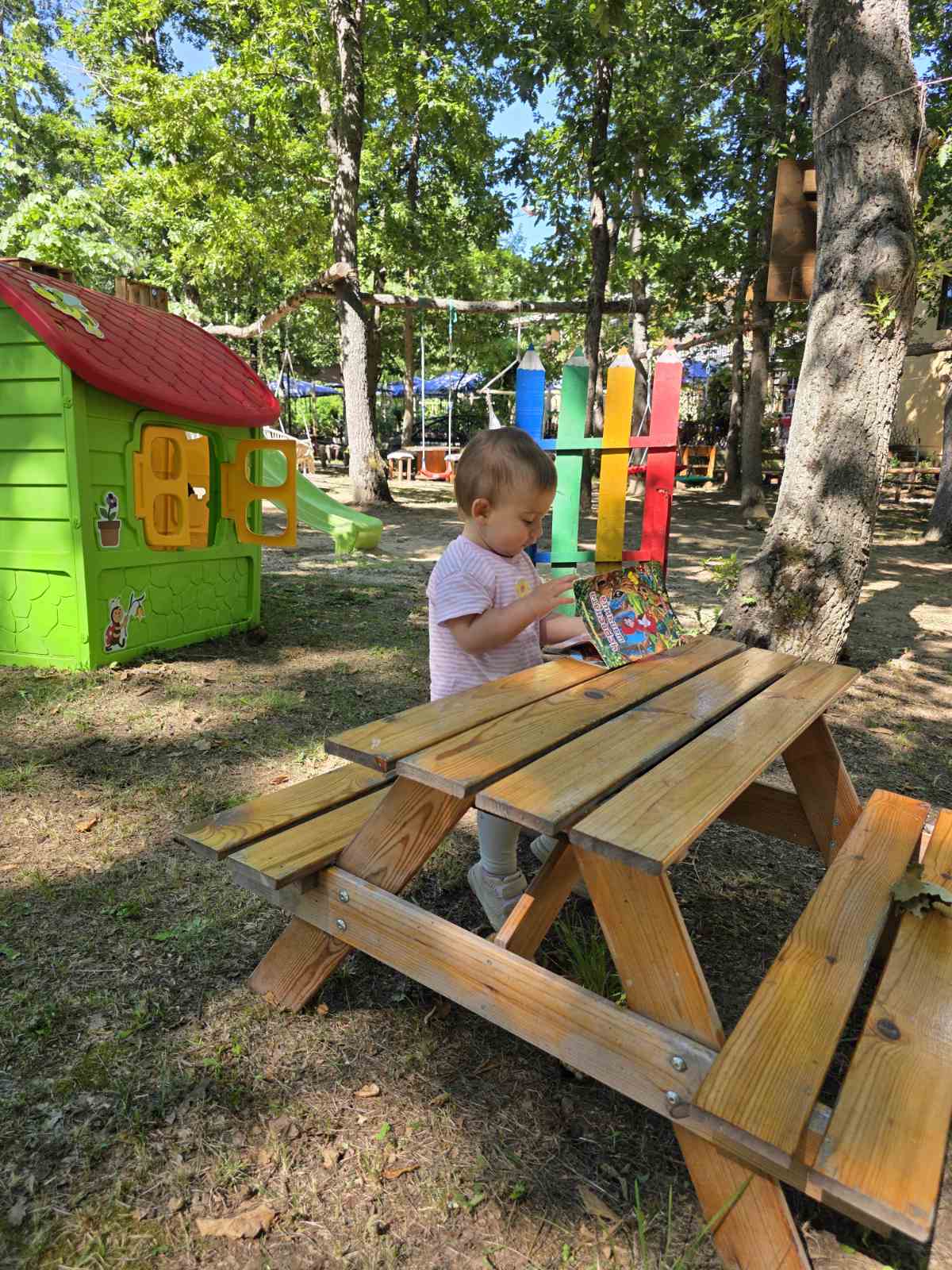 Picnic table by the playhouse